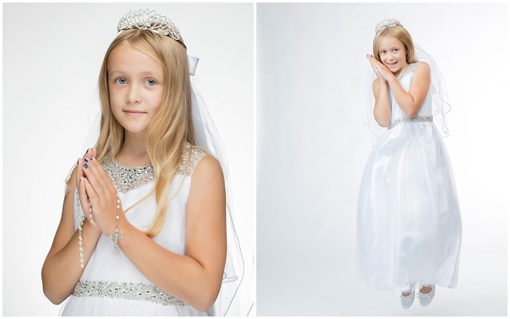 First communion pictures of a girl in a white dress and tiara. 