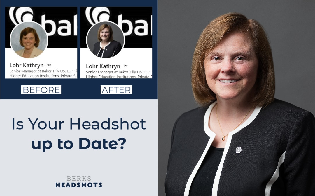 Comparing outdated and recent headshot photos for a professional business woman
