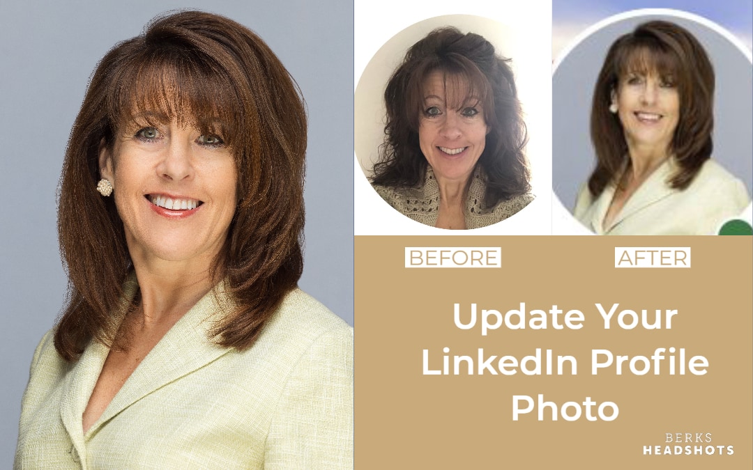 Business woman's LinkedIn profile photo before and after getting a professional headshot by Berks Headshots.