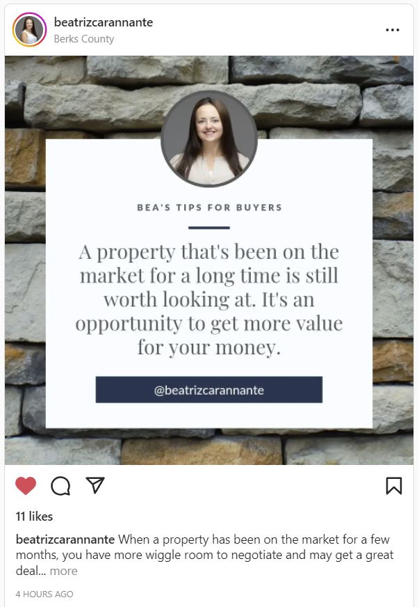 Real estate agent Beatriz shares real estate tips on social media along with a graphic that includes her headshot. 