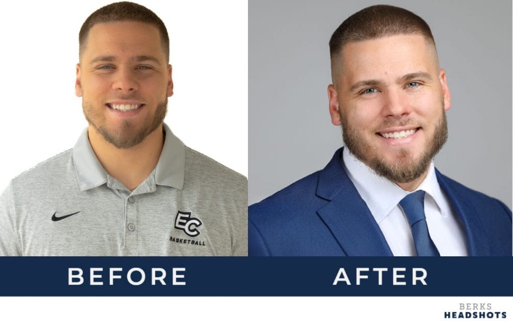 Kyle's headshot, before in his old job and after in his new career. 