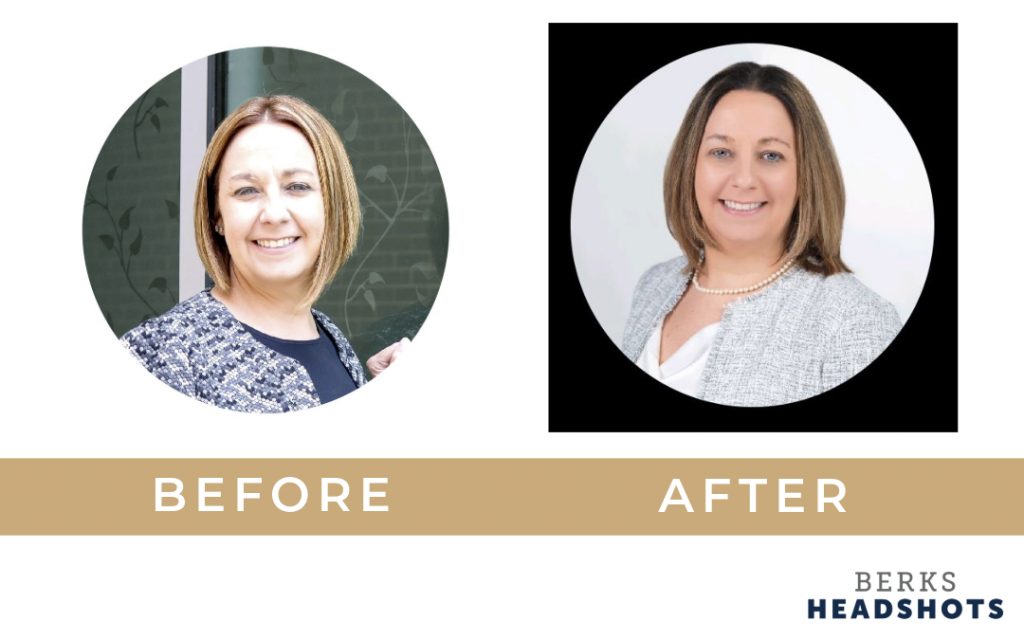 Examples of a business woman's LinkedIn profile photo before and after getting a professional headshot. 