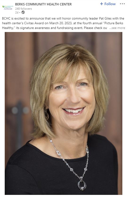 Screenshot of BCHC announcing it's award to Pat Giles for her work in the Reading-Berks health community. 