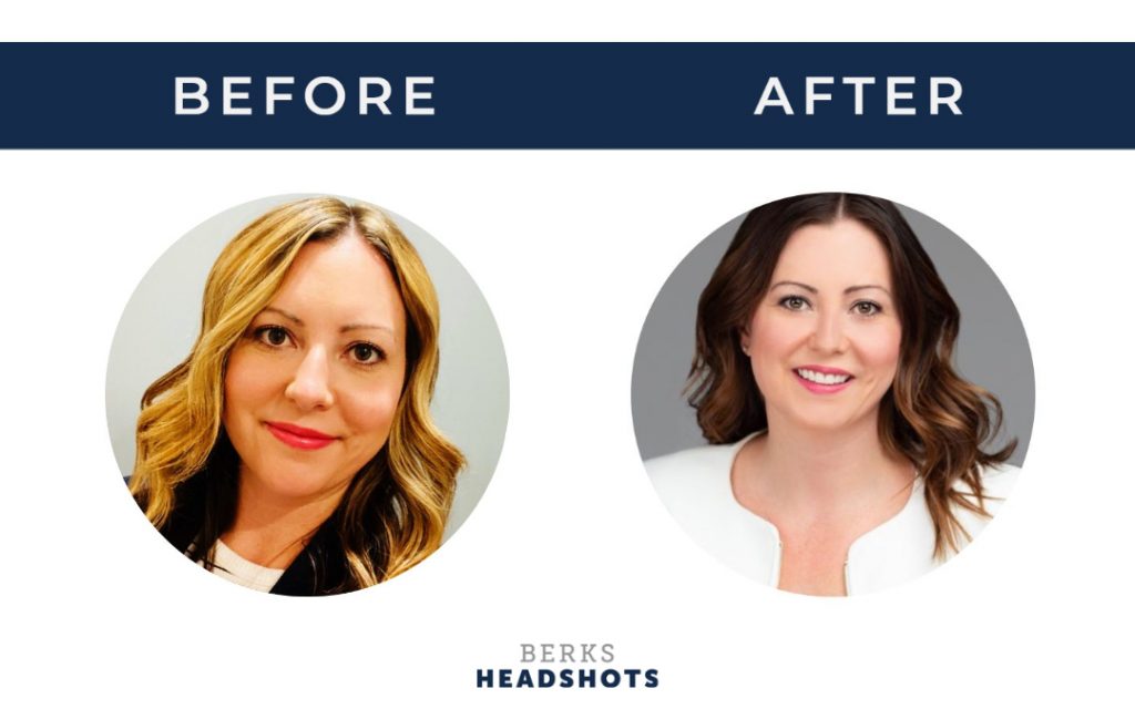 Amanda's headshot on LinkedIn before and after her professional headshot session. 