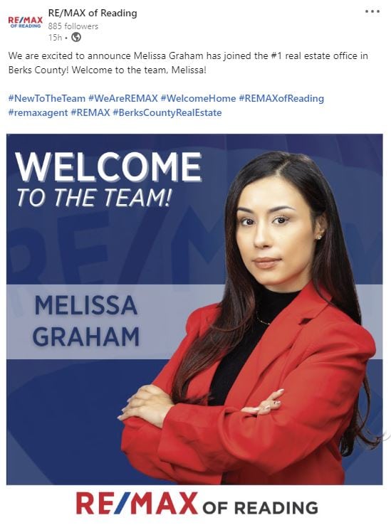 Screenshot of REMAX of Reading's Instagram post welcoming new real estate agent Melissa, using her new headshot. 