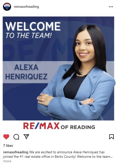 Screenshot of REMAX of Reading's Instagram post welcoming new real estate agent Alexa, using her new headshot. 