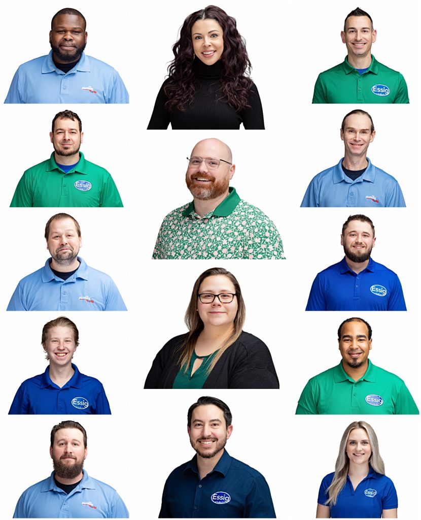A grid of headshots for onboarding technicians and retouched staff headshots on white background.