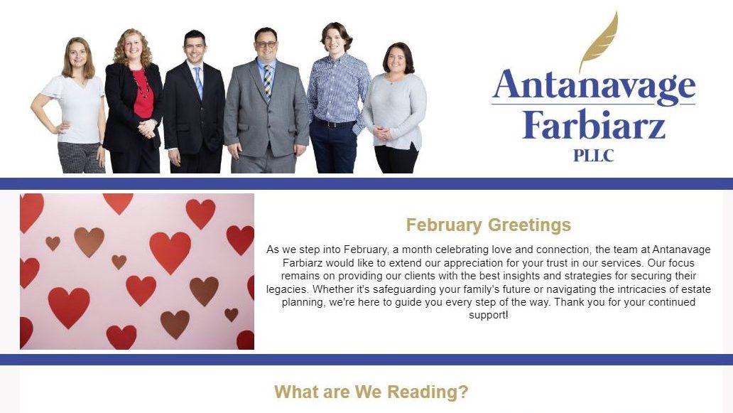 A screenshot of a law firm's monthly e-newsletter with their staff photo at the top.