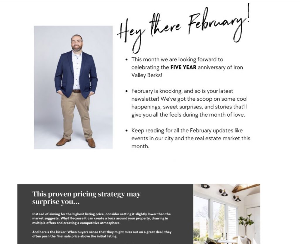 Screenshot of a real estate agent's newsletter with his headshot in it. 