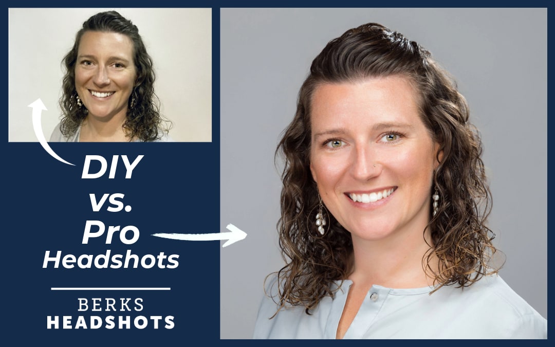 graphic for an article showing a diy headshot and a professional headshot taken on the same day