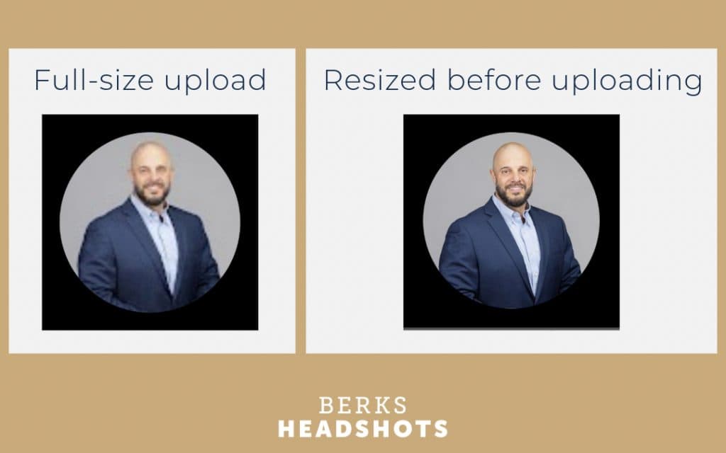 A comparison of an image uploaded at full size to a LinkedIn profile pic, which appears blurry, and an image resized before uploading, which appears clear and sharp.