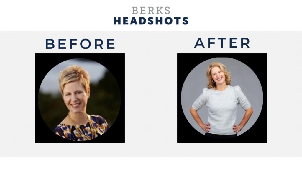 Headshot before and after updating to a current, professional headshot.