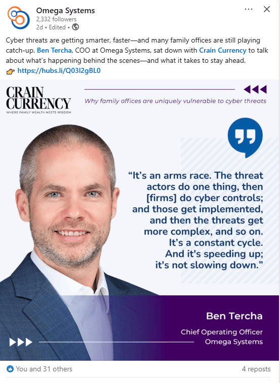 Screenshot of a LinkedIn post showing a headshot of Ben Tercha, a cybersecurity expert, and a quote from his interview about cybersecurity.