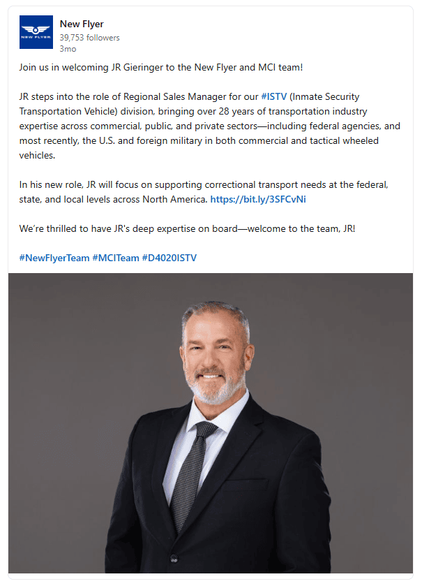 Screenshot of a LinkedIn post featuring JR. The text talks about his hiring and the post features his employee headshot.