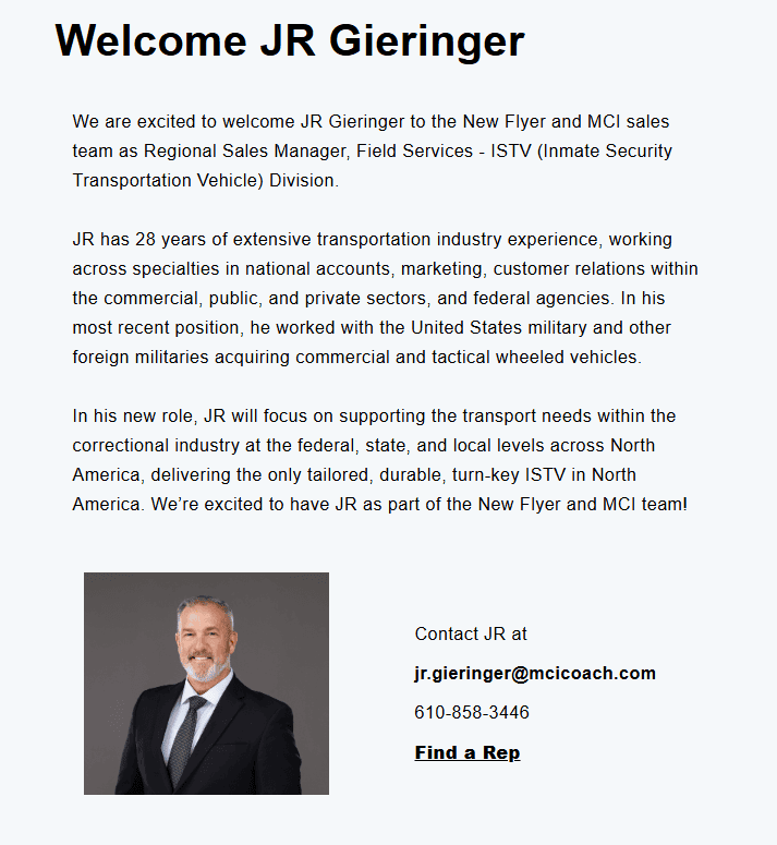 Screenshot of a website post about New Flyer and MCI hiring JR Gieringer, featuring his headshot. 