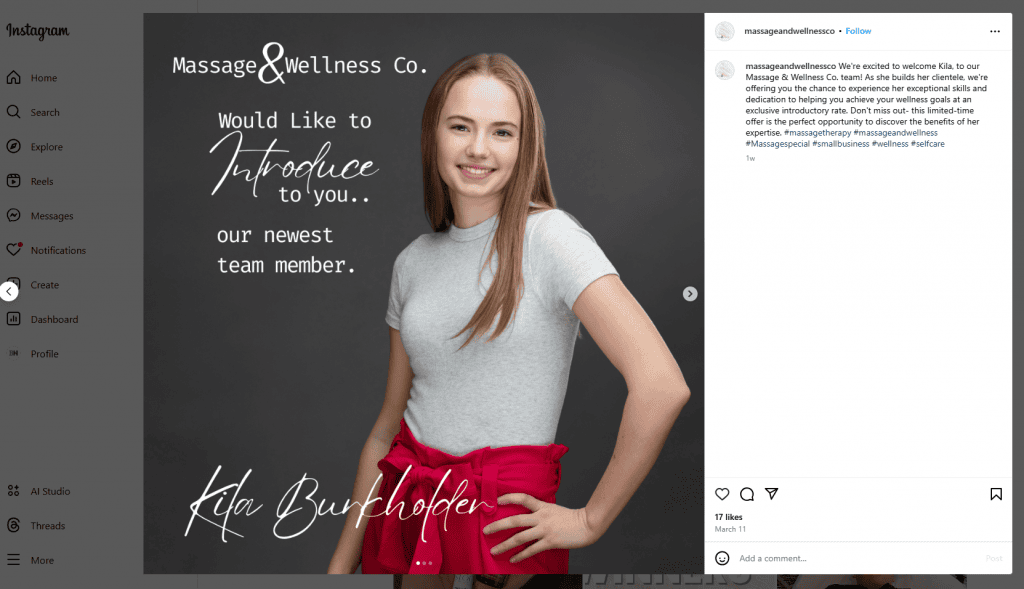 Massage and Wellness Co., Hamburg, PA, introduces a new therapist on their Instagram account using her professional headshot.