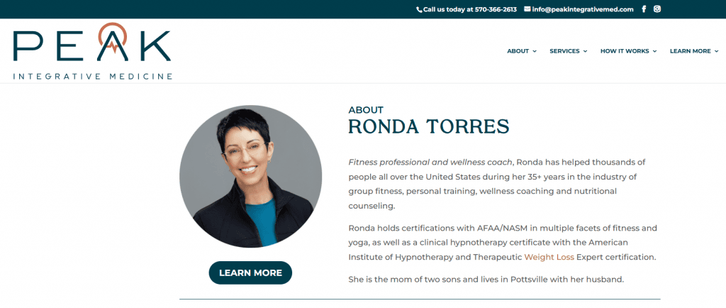 Screenshot of Rhonda's headshot on the PEAK Integrative Medicine team about page, where her shirt matches with other team members about with the company branding colors.