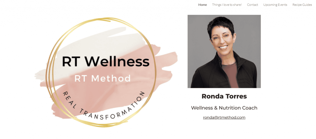 A screenshot of the home page of Ronda's coaching website shows her logo and her headshot, with the color of her shirt changed to match her logo.