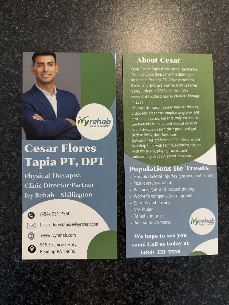 Printed promotional materials for physical therapist featuring his professional headshot