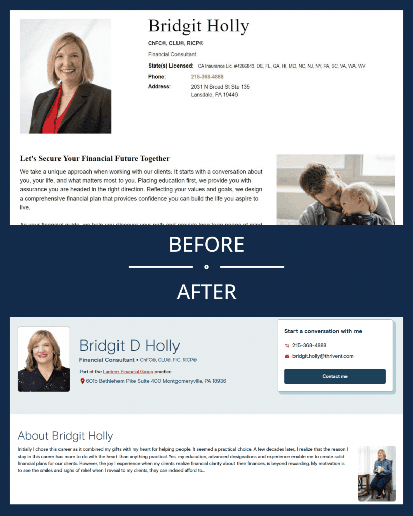Screen captures of financial services advisor showing her old headshot and her new headshot, in which her hairstyle has changed. 