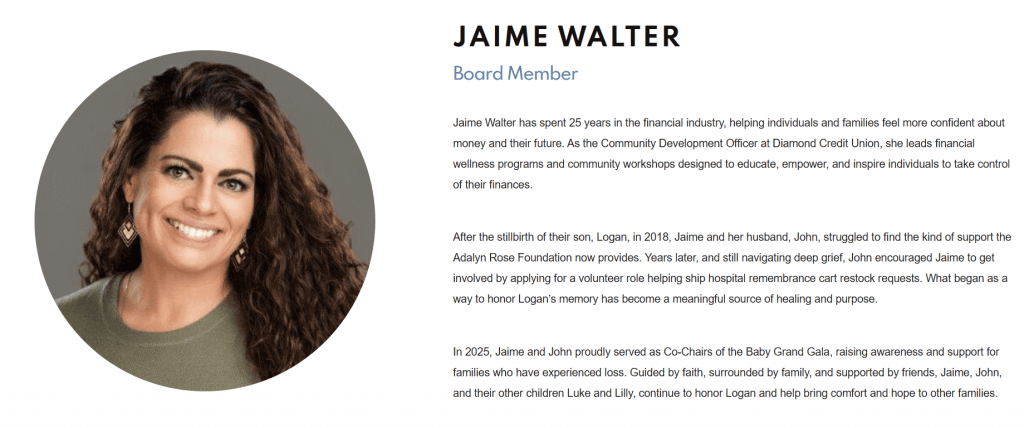 Screenshot of Jaime's profile on the Adalyn Rose Foundation's about page on their website, with one of her new headshots. 