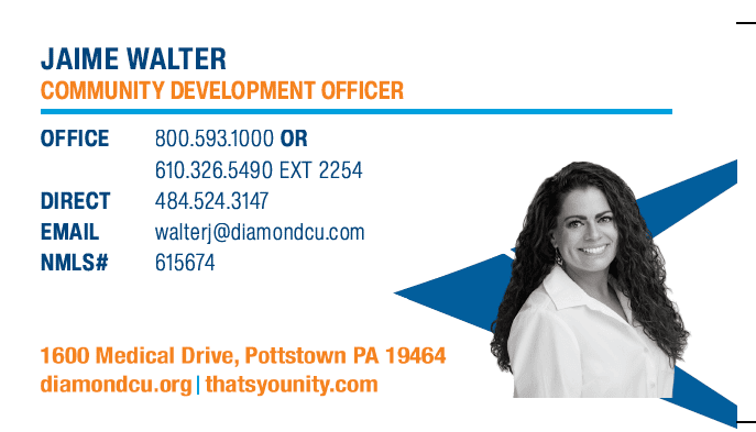 Jamie's headshot on her business card for her role at Diamond Credit Union.