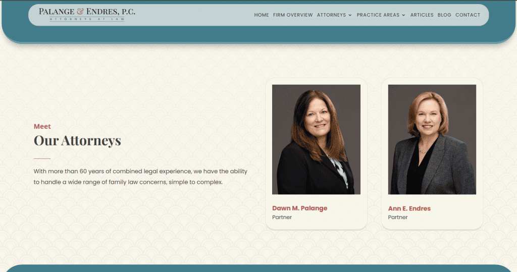 Screenshot of the Palange & Endres, PC website showing headshots of attorneys. 