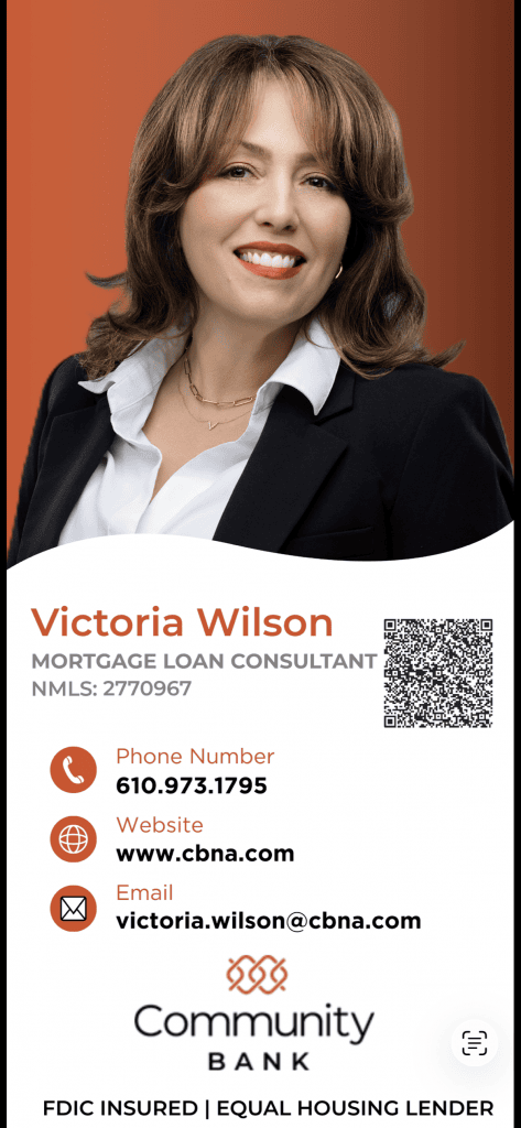 Victoria's digital business card gives her contact information and includes her headshot. 